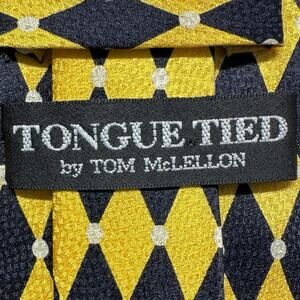 Tom McLellon Silk Tie Tongue Tied Wide Gold Black Geometric 59x4